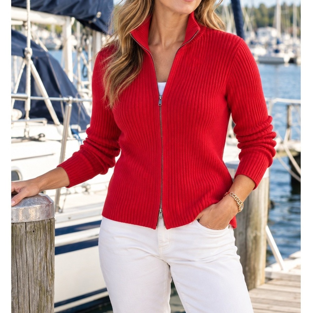 Polo Jeans Co Sweater Women Large Red Excellent Full Zip Ribbed Cotton Cardigan